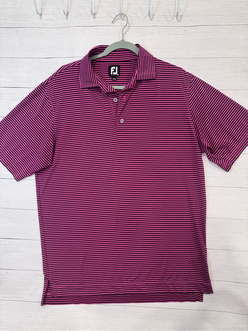 FootJoy FJ Men’s Medium Pink Black Striped Performance Golf Polo Stretch Shirt - Picture 4 of 12